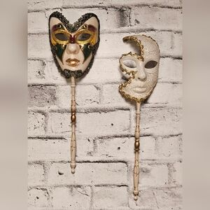 Vintage Venetian Wall Masks on Handles – Harlequin & Crackle Gold Pair